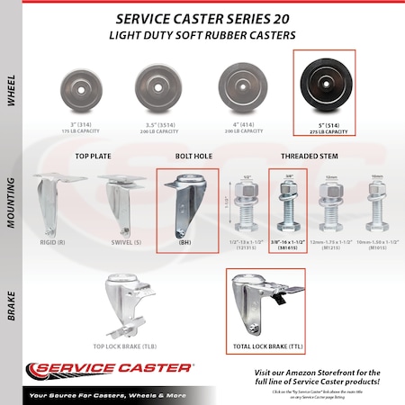 Service Caster 5 Inch SS Soft Rubber 3/8 Inch Threaded Stem Caster with Total Lock Brake SCC SCC-SSTSTTL20S514-SRS-381615